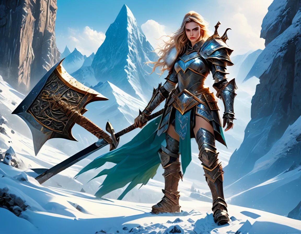 aa fantasy art illustration of a female giant knight armed with a ((mighty battleaxe: 1.5)) standing at the temple gates built on snowy mountain, (((she is as tall as the mountain: 1.3))) a wild beautiful, exotic beautiful giant knight, ((anatomically correct: 1.5), (ultra detailed face: 1.2), best detailed face, dynamic hair color, dynamic hair style, armed with a giant axe, shiny axe, its blade reflects the sunlight, studded with gems, wearing metal armor, dynamic armor color, wearing high heeled boots, standing near a fantasy temple, magnificent temple, with a tower, on snowy mountain (((she is as tall as the mountain:1.3))), vibrant, Hyperrealism style, vibrant, Ultra-high resolution, High Contrast, (masterpiece:1.5), highest quality, Best aesthetics), best details, best quality, highres, ultra wide angle, 16k, [ultra detailed], masterpiece, best quality, (extremely detailed) RAW, rpg portrait battleaxe 