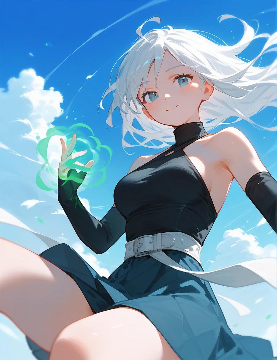 (from below:0.6), score_9_up,score_8_up, white hair, black high neck halter top, blue eyes, 1girl, solo,((blush)), closed mouth, smile, medium breast, pose, ((sitting)), (thin girl:1.2),clouds, long gloves, ((green wind magic)), skirt, belts, 
