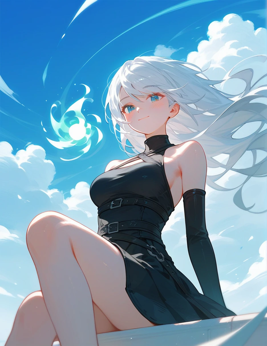 (from below:0.6), score_9_up,score_8_up, white hair, black high neck halter top, blue eyes, 1girl, solo,((blush)), closed mouth, smile, medium breast, pose, ((sitting)), (thin girl:1.2),clouds, long gloves, ((green wind magic)), skirt, belts,