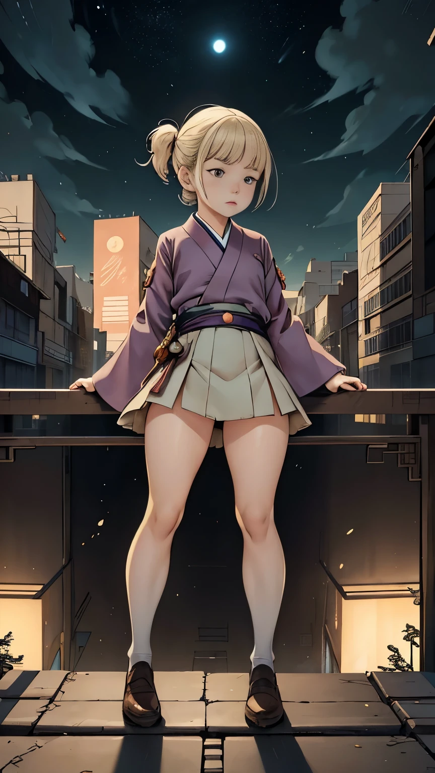 Katsuhiro Otomo, Katie Risor, Avogado6, Patricia Polacco, Erin E. Stead, Surrealism, wonder, strange, fantastical, fantasy, sci-fi, Japanese anime, a beautiful blonde miniskirt girl Alice enjoying a game of hopscotch in the middle of the night, perfect voluminous body, a deserted city, detailed masterpiece 