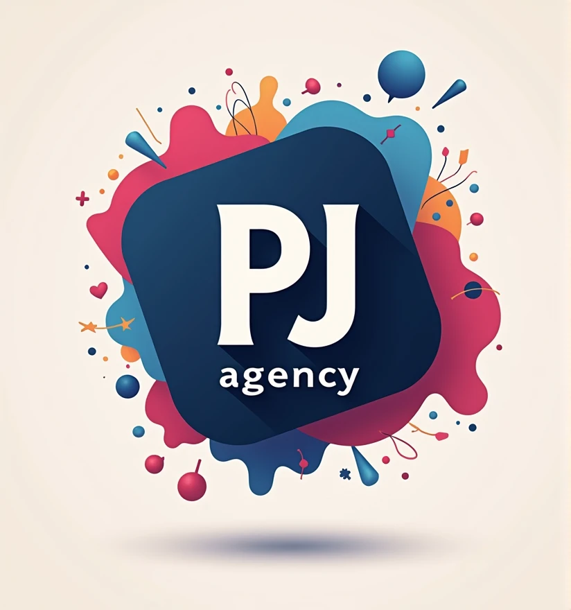 Make a logo with the acronym “PJ agency” with an 8k background with a marketing theme