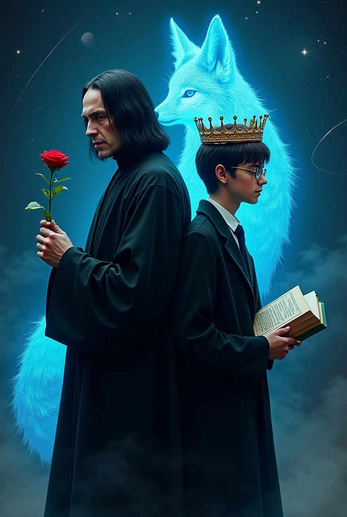 Professor Severus Snape should be the head of Slytherin house in the picture, with a red rose in her hand, and Harry Potter's 17-year-old self, in glasses, with a crown on his head. The two characters should stand with their backs to each other. In the background is a blue glowing fox in the middle, similar to protective charms, outer space, the shooting stars, minor planets and both characters should have a book in their hands.