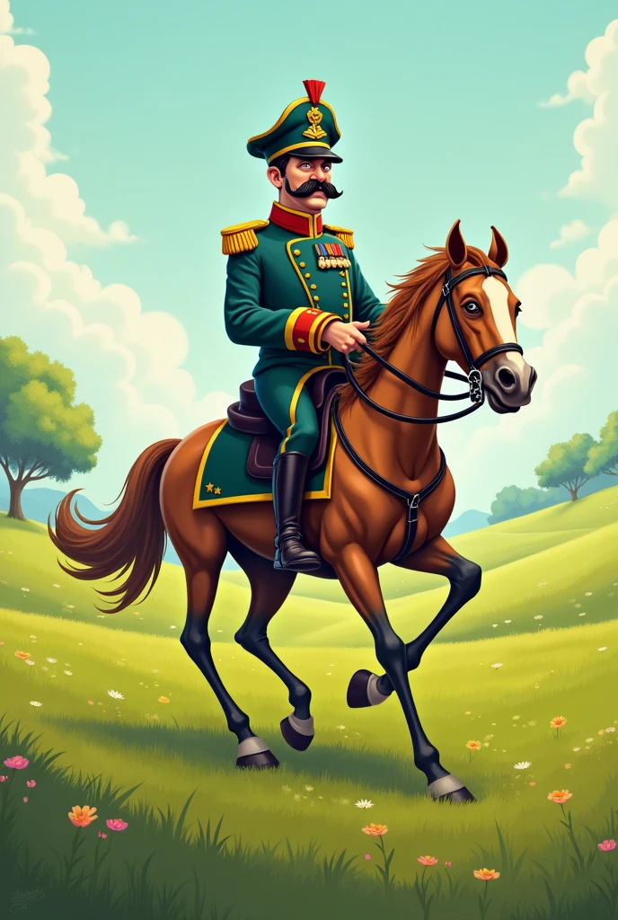 Draw me a picture of a funny general riding a stupid horse on the grasslands.