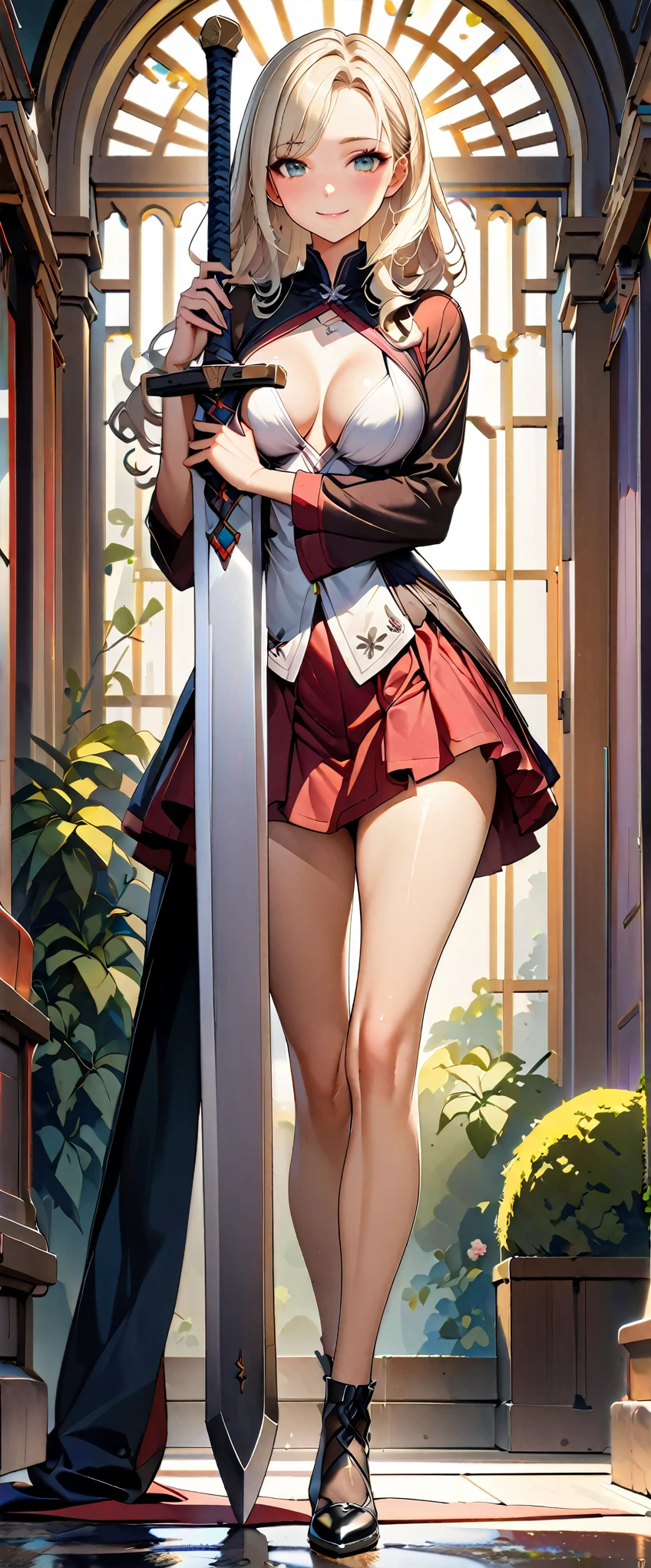 (((A woman and a large sword taller than her:1.4))), (Highest quality:1.24, Very detailed, Delicate and beautiful CG art, Detailed illustrations, Attention to detail, masterpiece:1.2, Highest quality, Best aesthetics), (((1 person, Beautiful girl illustration))), JK, Light-colored illustration, Perfect lighting, Natural light, Surrealism, Beautiful detailed hair, Beautifully detailed face, Beautiful attention to detail, Beautiful clavicle, Beautiful body, Beautiful breasts, Beautiful fingers, Glowing Skin, View your viewers, Perfect Face, Sweaty skin, Perfect Eyes, Perfect Fingers, (Long Hair, Side Ponytail), Asymmetrical bangs, (Detailed armor textures, Silver breastplate, Red mini skirt, Red underwear), (((Focus on the Great Sword:1.4, Sword stuck in the ground))), ((Five Fingers)),