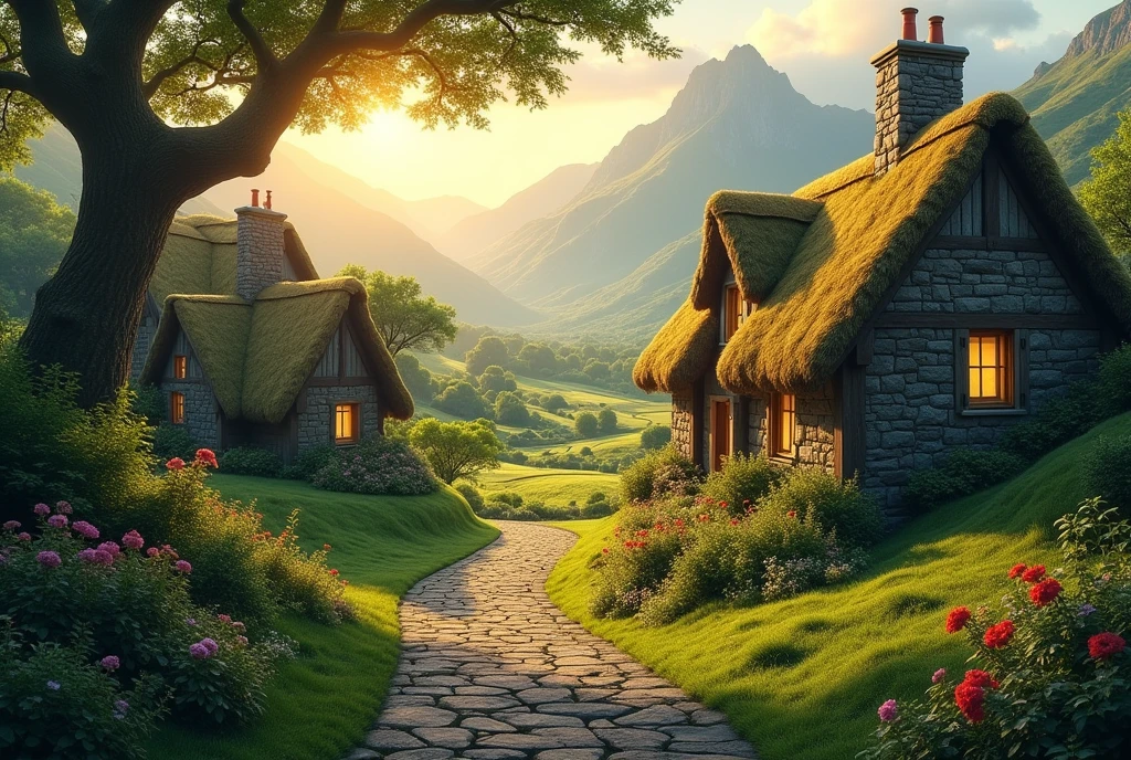 Rustic village nestled among rolling hills In Ireland bathed in the soft, ethereal glow of magic hour sunlight suggesting a heavenly realm, traditional stone cottages with asymmetrical roofs, stone pathways leading to a serene center, clusters of vibrant greenery, warm, radiating light from cottage windows creating an inviting ambiance, ethereal light rays filtering through a canopy of ancient trees, distant mountains