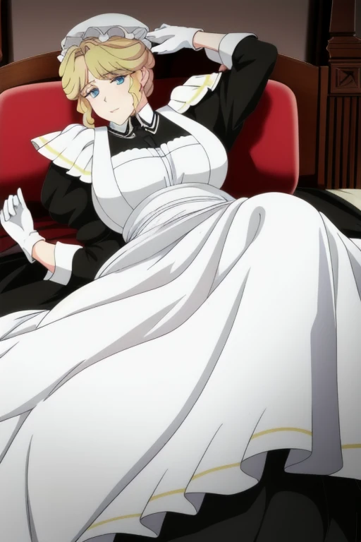 Maria_VM, huge_breasts, standing, solo, VIctorian_Maid_Uniform, masterpiece, best quality, detailed face, detailed eyes, highres, white gloves, long skirt, leaning back, posing, laying down, bed, bedroom