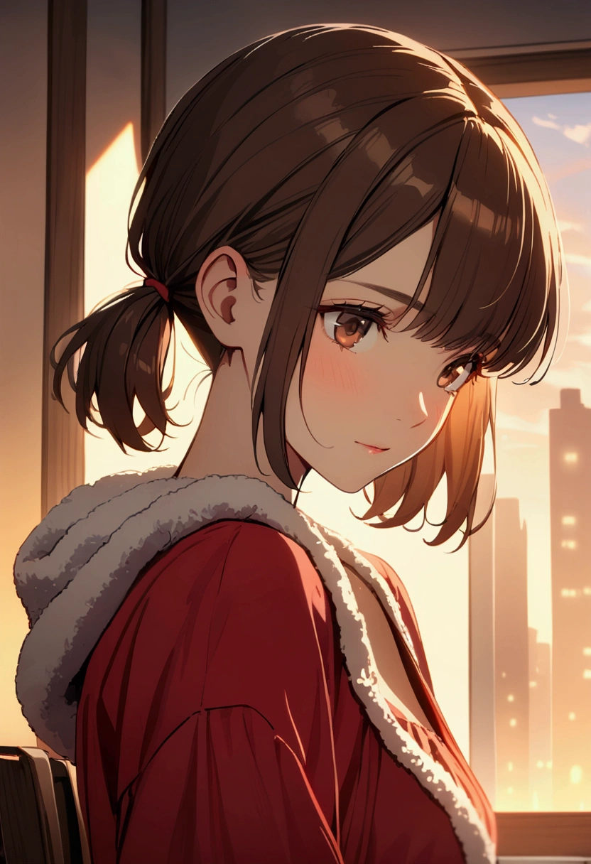 brunette girl, bangs, short pigtails, brown eyes, red Nightgown