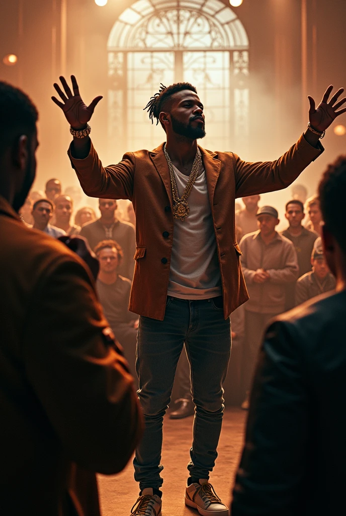 A 2024 modern black origin artist who bursts into a performance hall where his rapper competitors artists are surprised to see him in this performance hall.