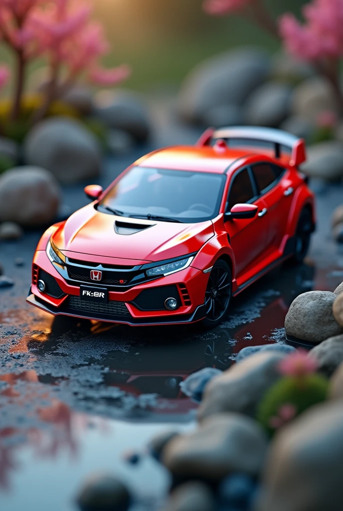 (masterpiece:1.2,Highest quality,Ultra HD,Super detailed),8k,wallpaper,(Photorealistic), Honda Type R ((FK8R)) miniature plastic model,Isometric 3D Diorama,A vast diorama,Matte Paint,Gentle lighting