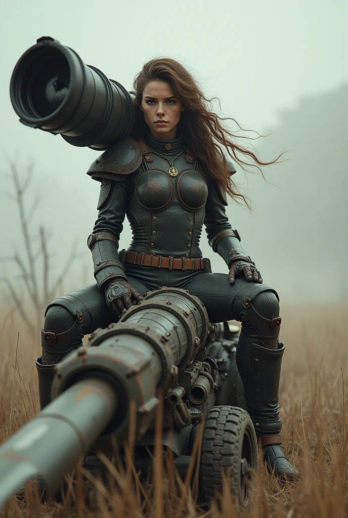 (RAW photo, realistic photo, high quality, masterpiece), sci-fi style, woman with a giant weapon on her both shoulders, giant cannon, sit on giant sword, fighting stance, jumpsuit with armour
