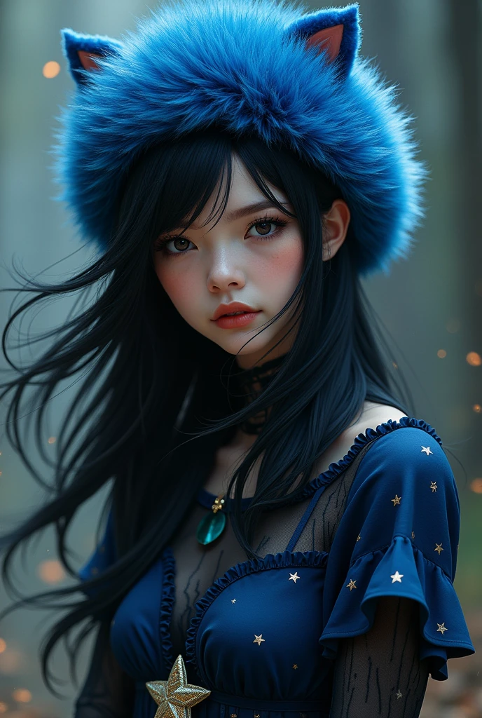 Female character with black hair wearing a blue furry hat, dark blue top, black long sleeves, and star-shaped tights