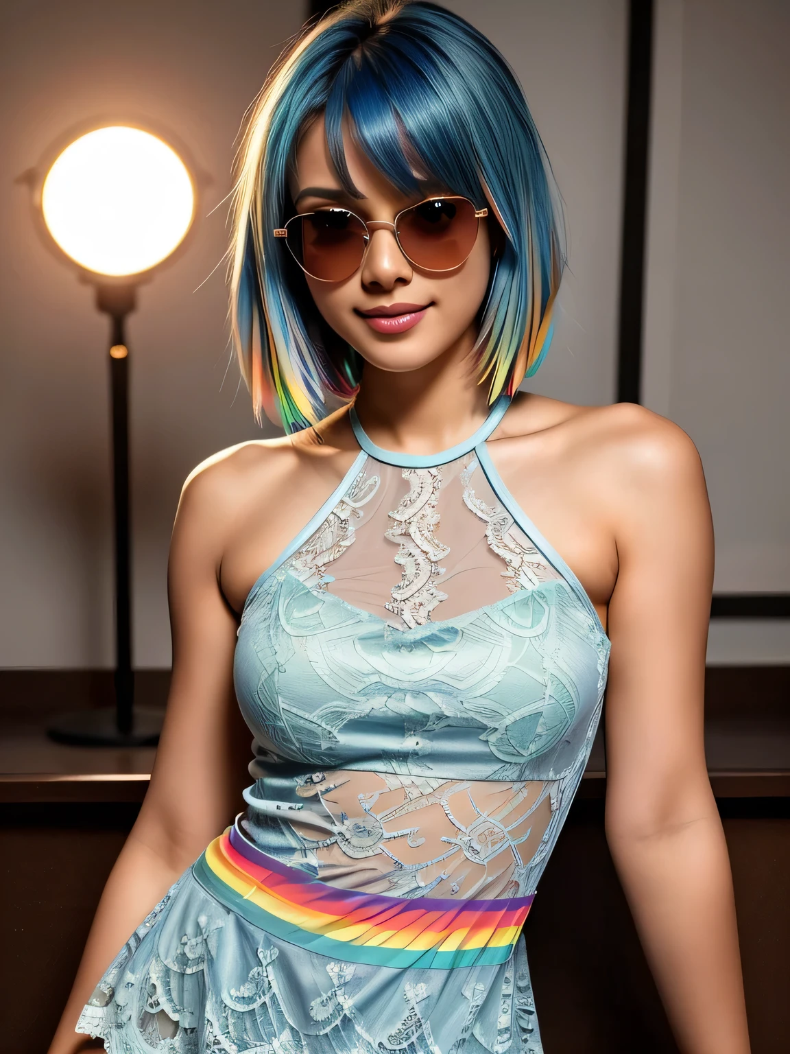 (blue hair:1.4), short hair, realistic green eyes, cobalt hair, long bob hair, tousled hair, shoulder length hair, Full body, woman with white skin and Asian features, 24 year old, big breast. She has a small, elegant nose with a slight upward curve at the tip. Her lips are full and naturally pink, with a well-defined Cupid's bow. Her teeth are straight and white, enhancing her captivating smile. Her face has an oval shape with high cheekbones that add to her model-like appearance. (crack), detailed (texture!, shine, color!!, flaws: 1.1), highly detailed glowing eyes, (looking at camera), specular light, dslr, extreme quality, crystal clear, cute face, detailed skin pores, oil Dark skin, brown, complex eye details, she is far from the camera, A full-body portrait, captured from a distance. Dynamic Frame, 8K, best quality, masterpiece, photorealistic, high resolution, solo, 1 girl, realistic and detailed skin,standing, look at viewer, (sun glasses with thick frame:1.4),slender body shape、((legs spread)), sexy lips,(sexy rainbow lace short dress:1.4),smile,Halter_Dress
, (short hair:1.3)