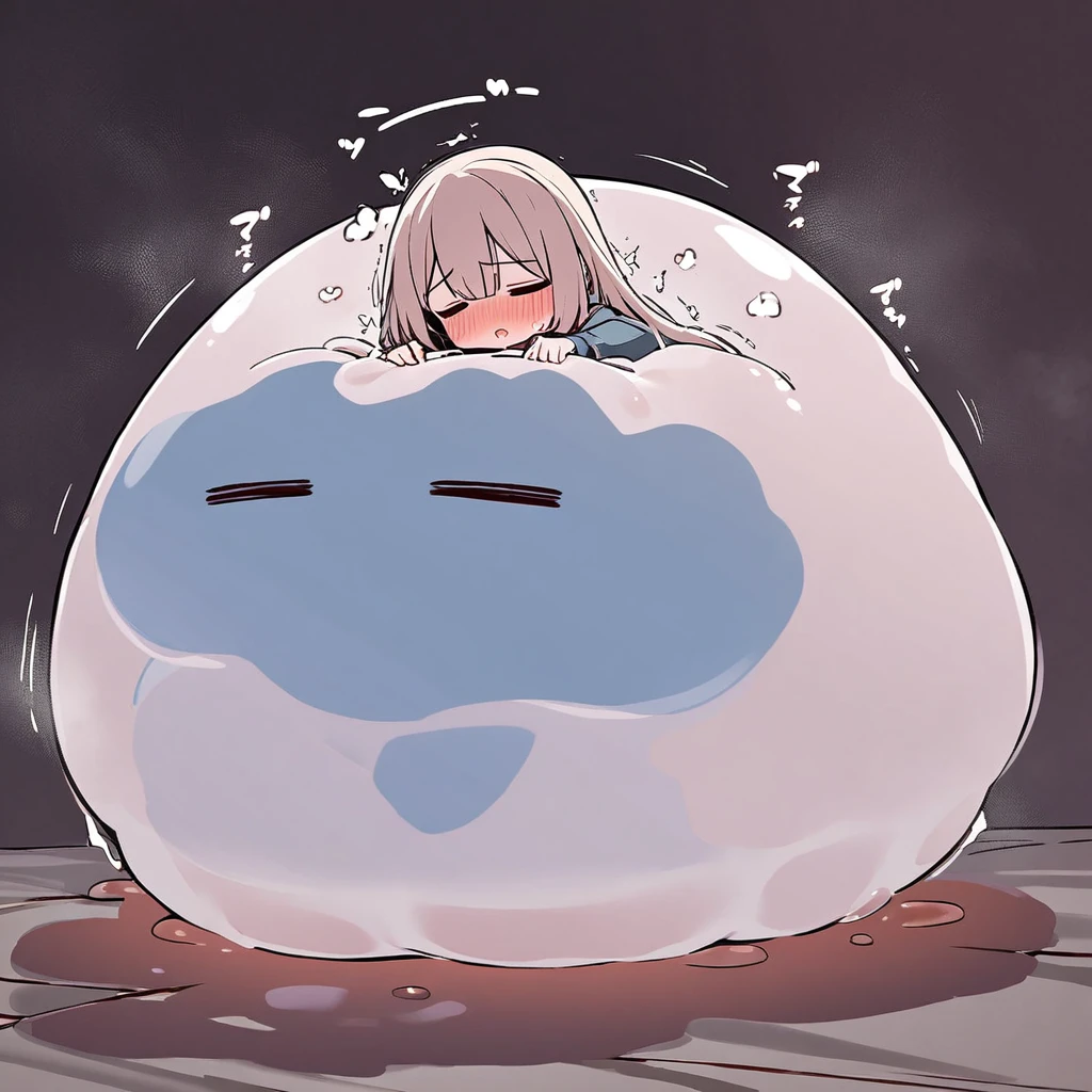 One giant blob of gelatinous slime making a girl's whole body stuck inside of it, squeezing and kneading her whole body, the girl feels exhausted by it