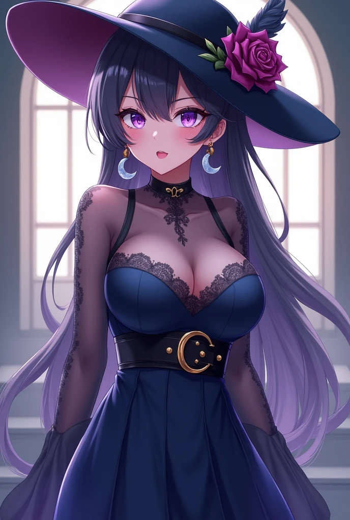 She was wearing a long hat with a rose on it、She has a G-cup bust and wears a dress with a belt around her waist.、Overall in navy blue、She was wearing a see-through top up to her neck under her clothes.、Anime girl with purple lipstick and moon earrings