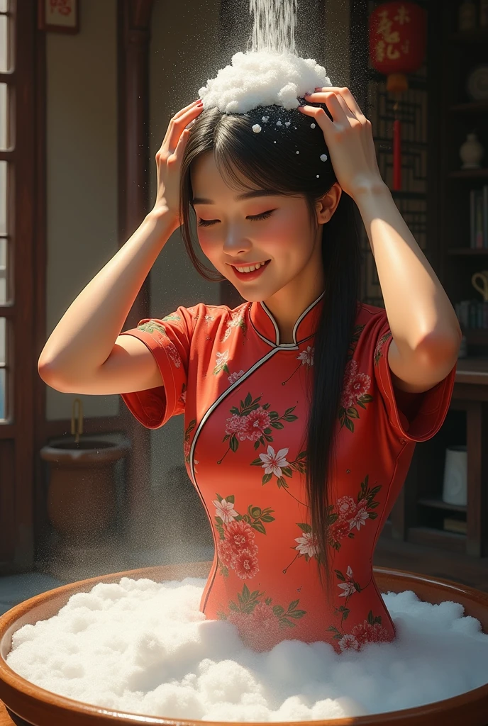 Create an Asian beauty，High collar red print short sleeve traditional cheongsam，Scratching the scalp with both hands，Two hands washing hair on top of head，There is a lot of foam and water on the head，Foam wrap head，Realistic foam，The expression is happy，front，The characters are realistic and realistic，Ancient attic background，9:16 frames，Ultra HD painting
