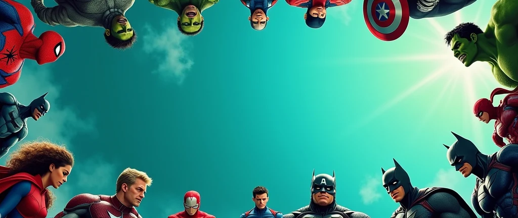 A visually striking and dynamic cinematic scene featuring Marvel's Spiderman, Hulk, Captain America, and DC's Batman in a powerful and heroic pose. The multiple small pictures of these four superheroes line the top and bottom borders of the page with bold expressions and detailed designs, exuding a sense of awe and wonder. The full center and sides of the page are left blank, creating a dramatic contrast with a teal gradient color that harmoniously blends into the surrounding scene. The digital painting style captures the essence of comic book art, while the concept art presentation highlights the creative vision behind these iconic superheroes, evoking both romance and a powerful sense of adventure.