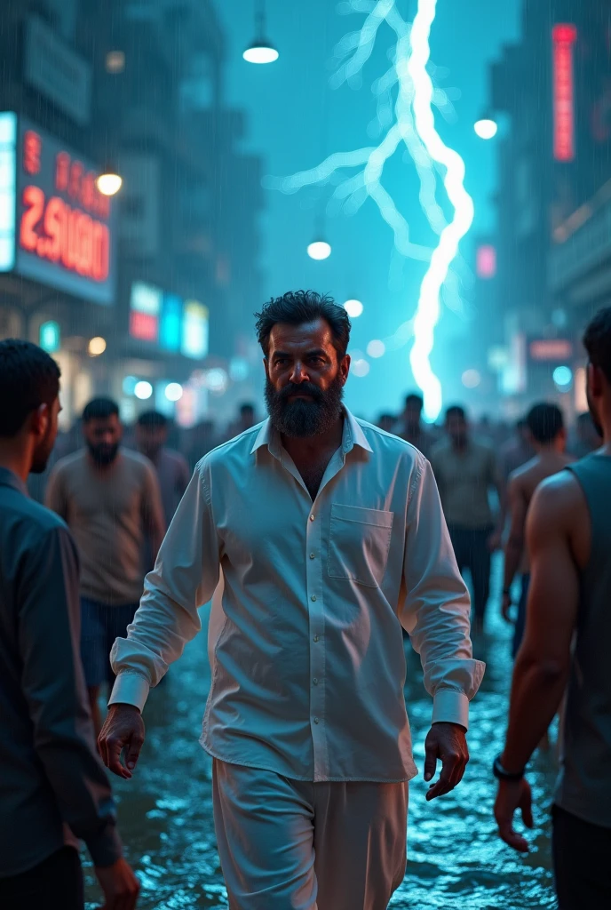 A man with dark hair and beard 30 year old politician wearing plain full handed white shirt and pant they helping people in flood background thunder neon effect 