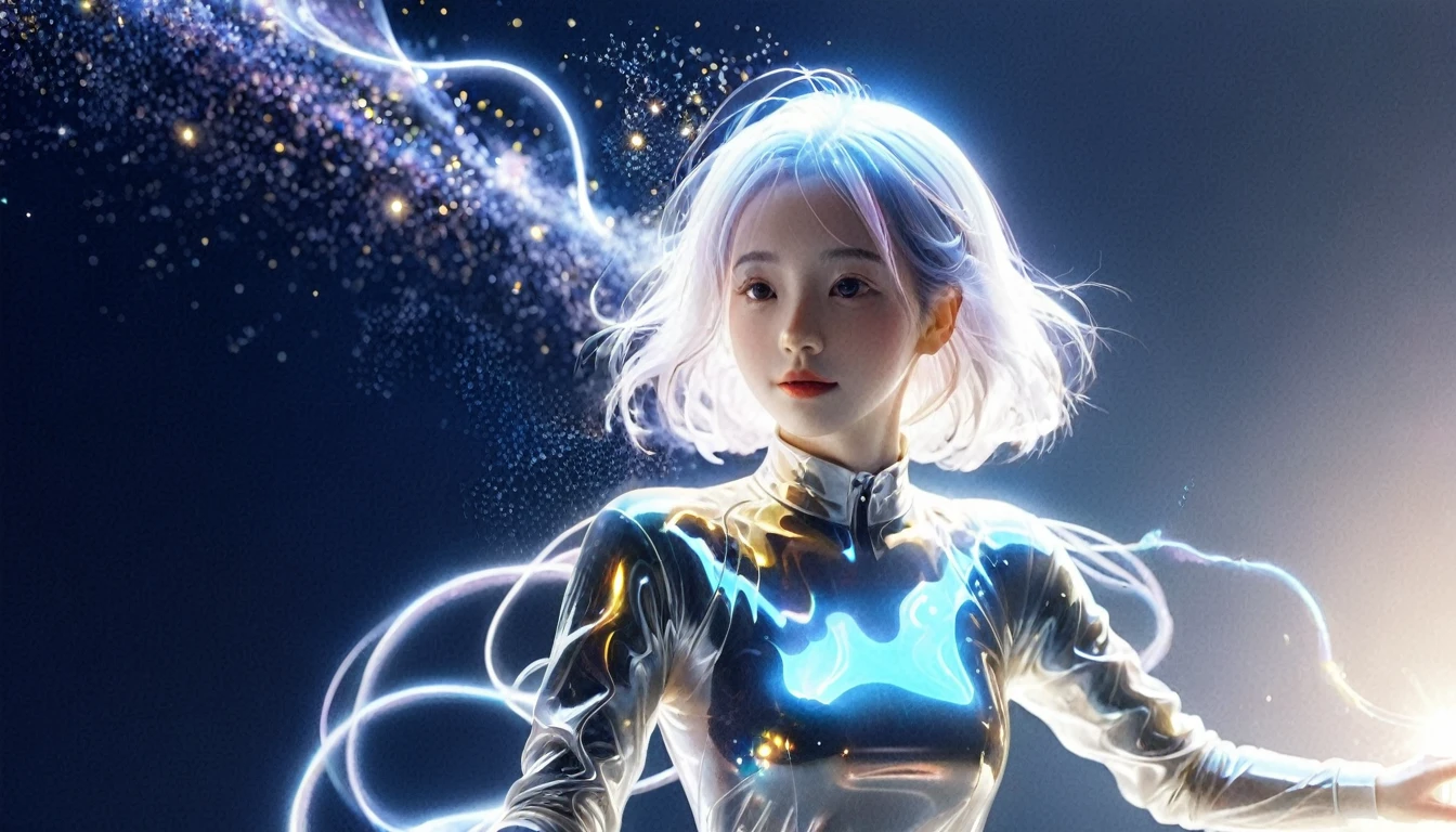 Spacewalk、bail_particle,bail_OK,Lines of Light,光のparticle,A girl made of particle,The density of OK at the finger part is high,(Gray Hair:0.3),