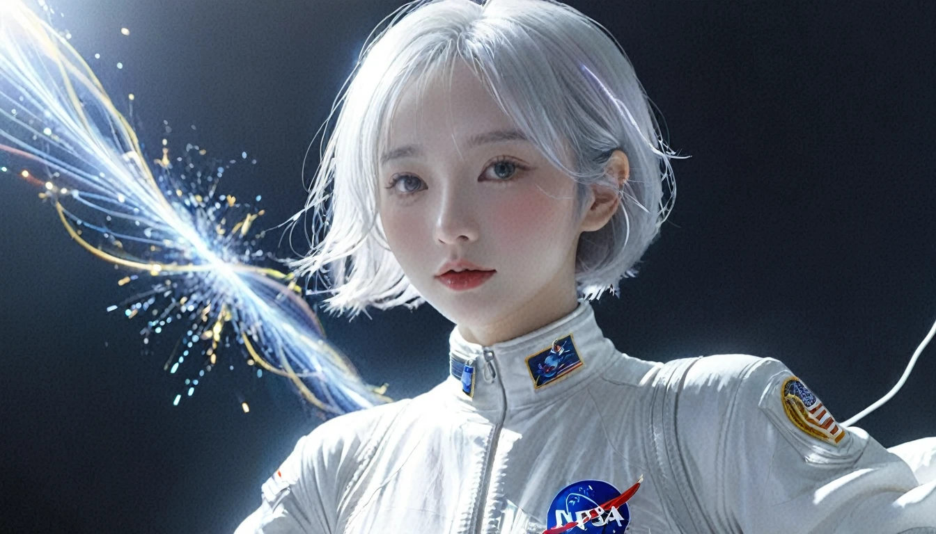 Spacewalk、bail_particle,bail_OK,Lines of Light,光のparticle,A girl made of particle,The density of OK at the finger part is high,(Gray Hair:0.3),