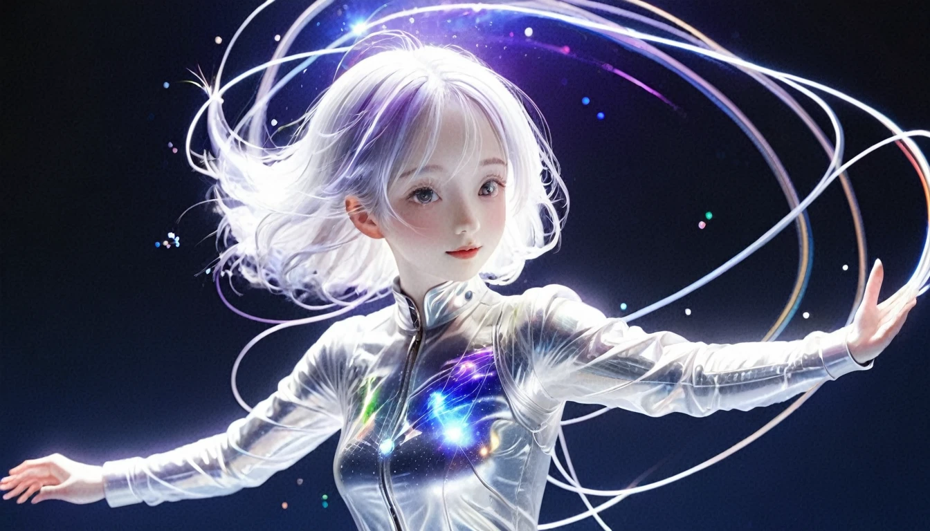 Spacewalk、bail_particle,bail_OK,Lines of Light,光のparticle,A girl made of particle,The density of OK at the finger part is high,(Gray Hair:0.3),