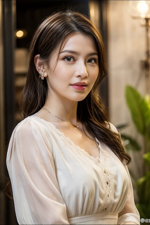 (masterpiece), (8K, realistic, RAW photo, best quality: 1.4), (1 woman), cute model, full body shot head to feet, feminine, (cute face), (incredibly beautiful body), top-quality, ​masterpiece, high resolution, Photorealistic, highly detailed, true to life, detailed eyes, detailed beautiful skin at ears, (no earrings), life-like detailed beautiful brown eyes, beautiful detailed ((styled updo loose hair, wavy long black brown layered hair)), (((hair tucked behind ears))), extremely detailed skin, slight skin blemish, sultry moist nude lips, (exceptional delicate perfect ears), hyper realistic, big dark brown eyes, sincere, confident, mesmerizing eyes,(double eyelid), (realistic face), ((fresh dewy healthy skin texture)), (moist lips)), light natural makeup, translucent white skin, realistic eyes, round iris black pupils, sparkly eyes, beautiful ear skin texture, (realistic skin), beautiful skin, attractive, ultra high resolution, extremely realistic, wearing a feminine romantic white color mid-length dress showcases an intricate blend of white lace and stitching to create delicate structured dress white embroidered detail on the chest and delicate white intricate lace bow tie collar at neckline adds a touch of elegance, sleeves silhouette of the skirt exudes a romantic feminine vibe, a pleated at waist long dress, very detailed, golden ratio, full view whole body photograph, standing gracefully at a french flower shop boutique, victorian wood glass door brass door handles, memories of yesteryears, Raw photography, (no earring), (no jewelry), bare nude skin at neck, (nude ears), overall mood is a crisp morning serene nostalgic, shallow depth of field, high detail, elegant, pose: standing relax effortless, ((Stand at angle turn towards right side, soft gaze, serene face eyes)), Realistic,sharp focus,(intricate:1.03),Hyper Real, sharp focus side body, (bare nude ears), Realistic,sharp focus,(intricate:1.03),Hyper Real, award winning photography