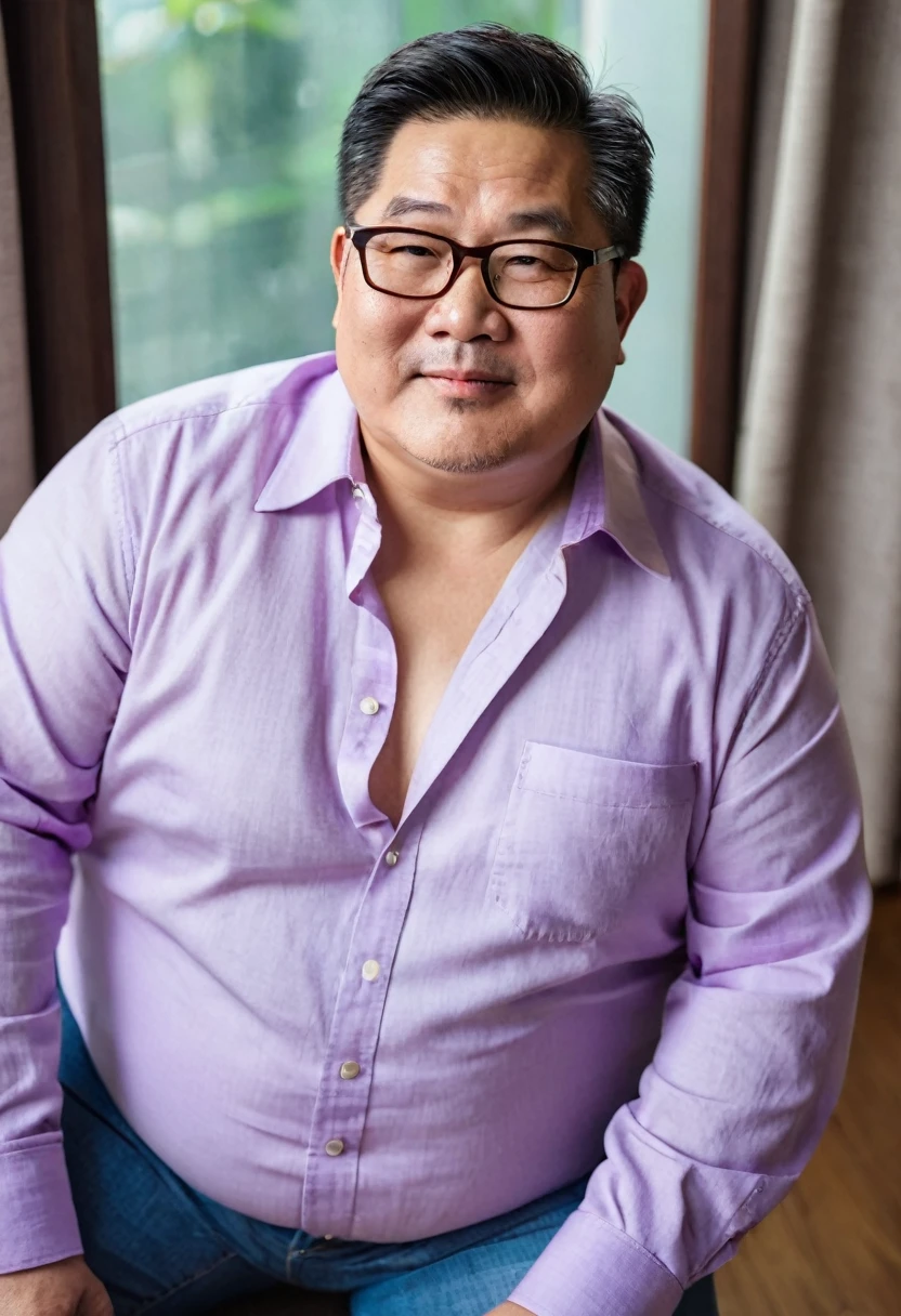Man, Asian, 50 years old, Fat, Chubby, wearing glasses,( Put on a thin, light violet shirt, Unbuttoned your shirt ), Unbuttoned, wearing Jeans, beautiful lighting, sitting in living room, Top view.