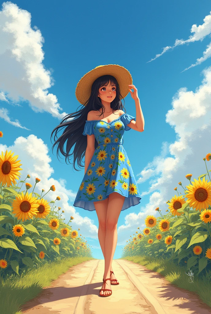 1 girl,black hair, big breasts,smile,straw hat,One-piece dress with sunflower pattern on blue ground color,She is standing on a jarry road in the countryside,She holds her straw hat on top with her right hand,She's looking up at the sky,The area around the Jariji road is filled with morning glories,blue sky,cumulonimbus