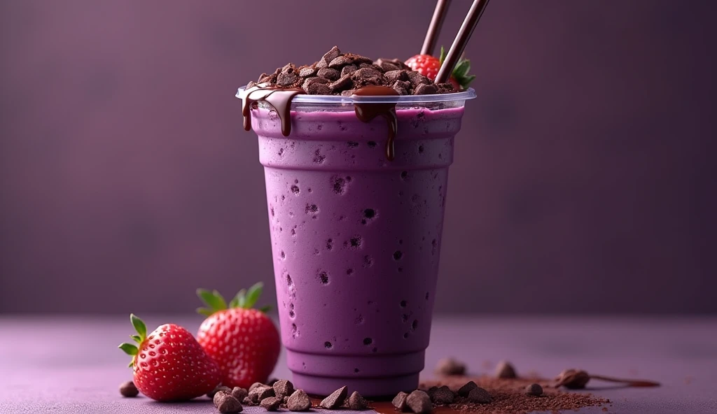 (work of art:1.2, highest quallity,highest quallity,very detailledな:1.2),(very detailled),8k,(best illustrations), a tall plastic cup with dark purple acai, lots of melted chocolate falling and covering the top.