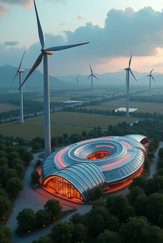 Wind turbines, wind farm, farmland, countryside, greenhouses, neon logo, neon lights, birdseye view ,art deco design,streamline moderne,futuristic architecture, Abstraction,modern style,Luxury and Luxury,dark night view,dark moody atmosphere, Futuristic decorative elements,Metallic,number line,sci-fi lamp,Virtual Engine,Unreal rendering, greenery, highways, cars, solar paneled roofs, ecofriendly, rooftop gardens,