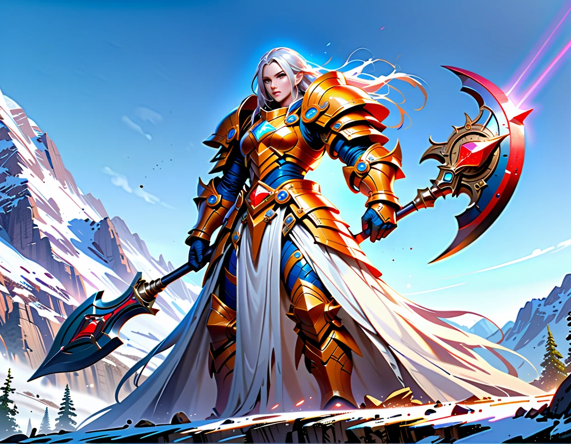 a fantasy art illustration of a female giant knight armed with a ((mighty battleaxe: 1.5)) standing at the temple gates built on snowy mountain, (((she is as tall as the mountain: 1.3))) a wild beautiful, exotic beautiful giant knight, ((anatomically correct: 1.5), (ultra detailed face: 1.2), best detailed face, dynamic hair color, dynamic hair style, armed with a giant axe, shiny axe, its blade reflects the sunlight, studded with gems, wearing metal armor, dynamic armor color, wearing high heeled boots, standing near a fantasy temple, magnificent temple, with a tower, on snowy mountain (((she is as tall as the mountain:1.3))), vibrant, Hyperrealism style, vibrant, Ultra-high resolution, High Contrast, (masterpiece:1.5), highest quality, Best aesthetics), best details, best quality, highres, ultra wide angle, 16k, [ultra detailed], masterpiece, best quality, (extremely detailed) RAW, rpg portrait battleaxe 