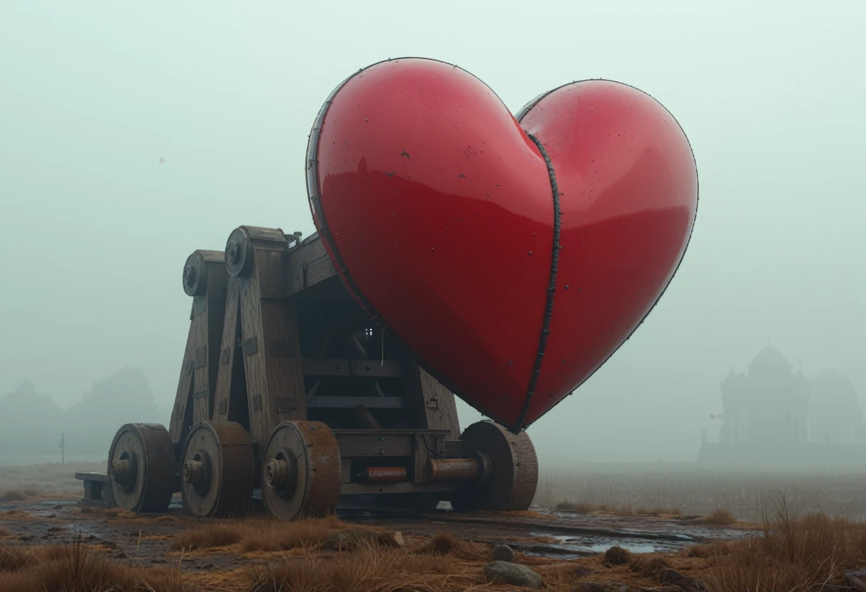 A colossal trebuchet catapult is loaded and ready to fire a huge glossy scarlet love heart, it dominates a misty medieval battlefield. Hyperrealistic rendering captures each heart's reflective surface and delicate curves. The siege engine's mechanics gleam with ruby-like brilliance, symbolizing the power of love in warfare.