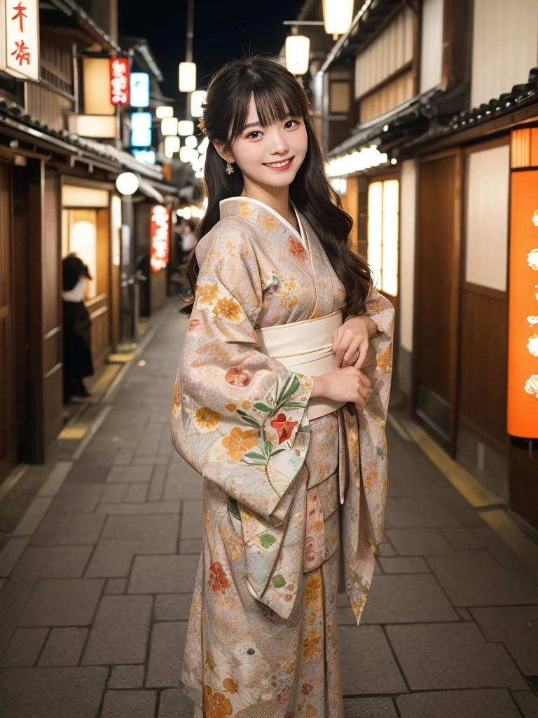 1girl, 18 years old, cute and beautiful, solo, highres, best_quality, masterpiece, detailed_background, intricate_details, beautiful, kyoto, gion, evening, street_lights, traditional_clothes, kimono, casual_walk, smile, looking_at_viewer, dynamic_pose, natural_pose, candid, happy