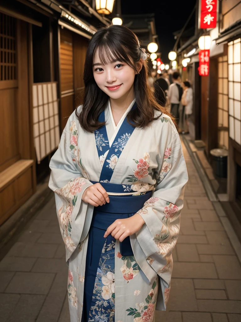 1girl, 18 years old, cute and beautiful, solo, highres, best_quality, masterpiece, detailed_background, intricate_details, beautiful, kyoto, gion, evening, street_lights, traditional_clothes, kimono, casual_walk, smile, looking_at_viewer, dynamic_pose, natural_pose, candid, happy