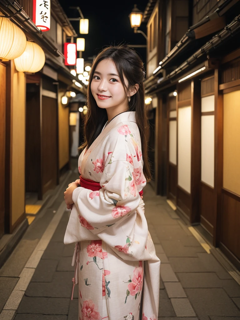 1girl, 18 years old, cute and beautiful, solo, highres, best_quality, masterpiece, detailed_background, intricate_details, beautiful, kyoto, gion, evening, street_lights, traditional_clothes, kimono, casual_walk, smile, looking_at_viewer, dynamic_pose, natural_pose, candid, happy