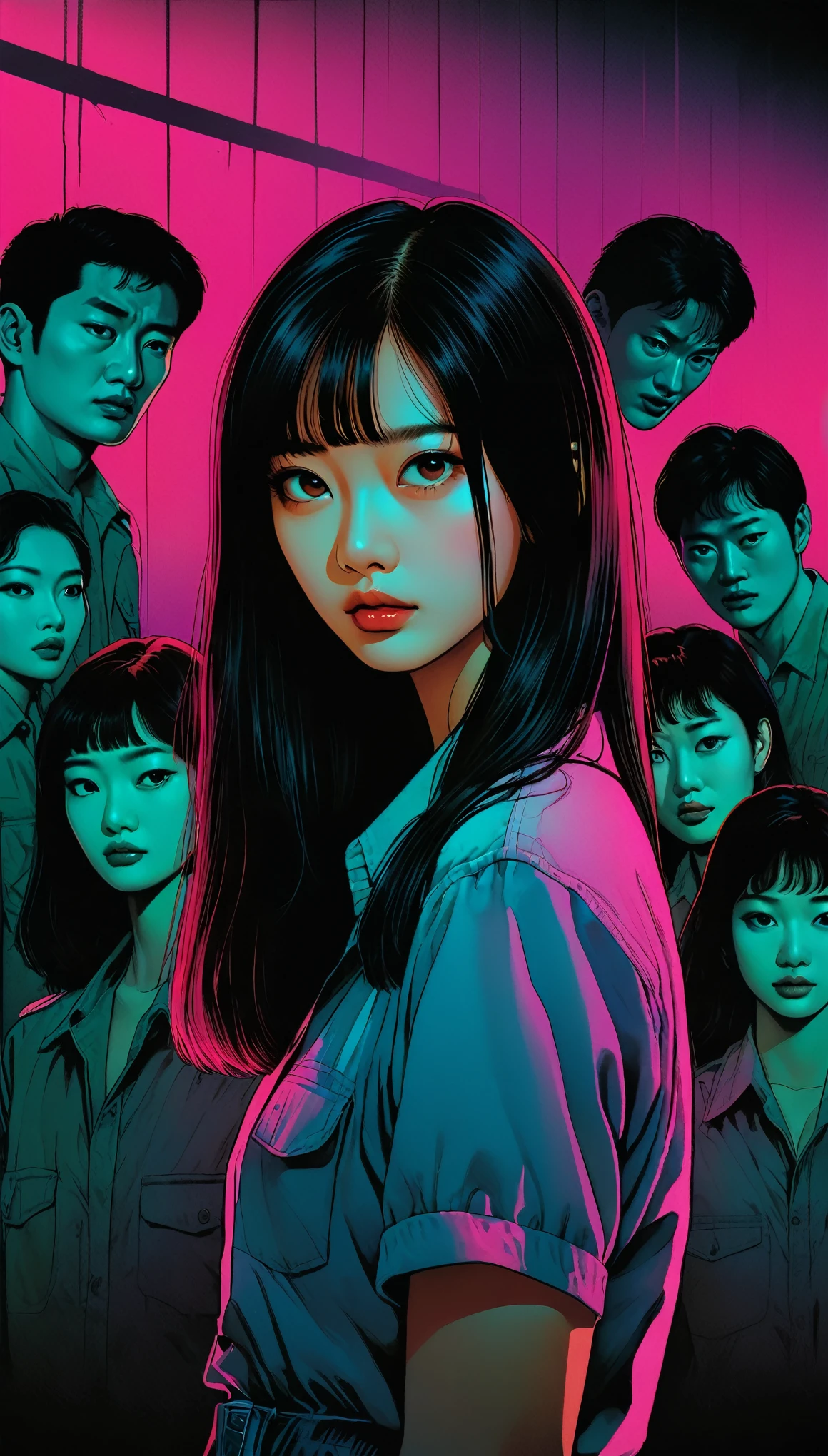 An illustration、art、80s Thai horror movie poster, Supervised by Junji Ito、(parking:1.0)、night、Attention to detail, Realistic Shadows、Analog Style, chromatic aberration, Surrealism、Complementary Gradient