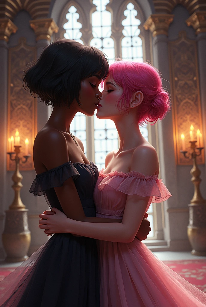 Dark skinned girl with short black hair kissing another tall pink haired girl in a castle 

