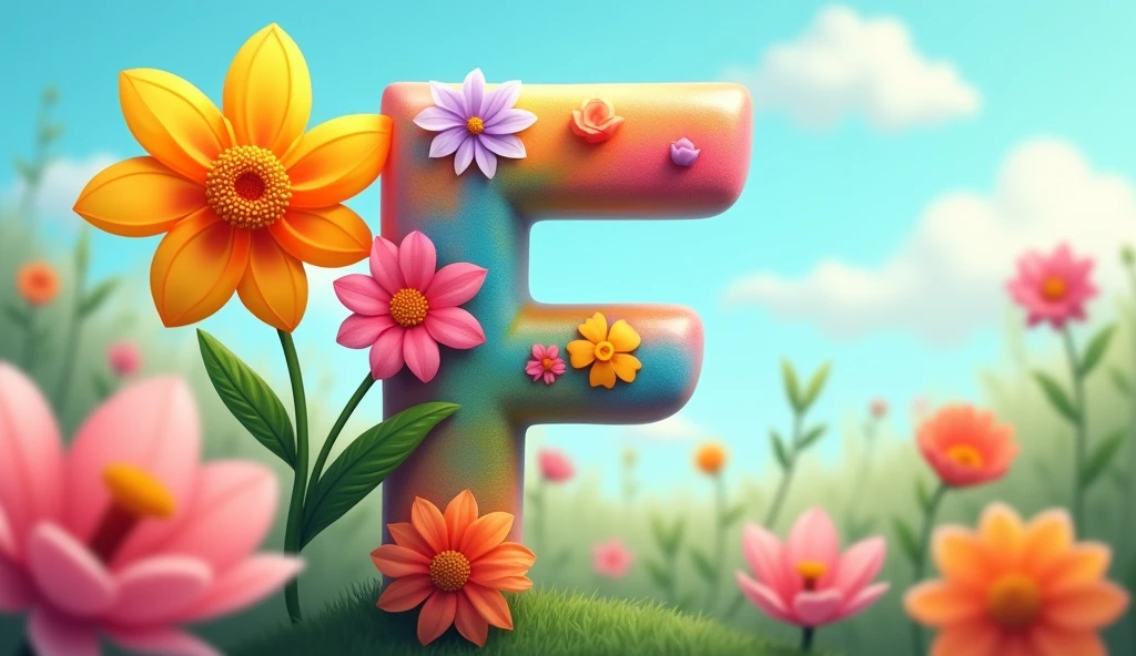F**: "Create an image of the letter 'F' with a vibrant flower beside it. The flower should be colorful and lively, with petals radiating joy, set against a background of soft clouds or a garden