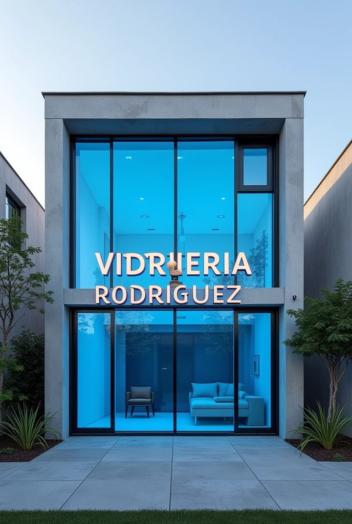 Windows with glass the blue color, desing modern, acustic, house full color, name VIDRIERIA RODRIGUEZ into the glasses with letter big.