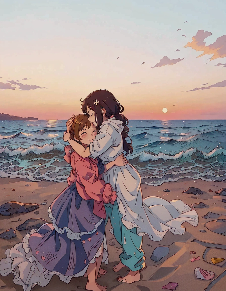 (best quality:0.8) perfect anime illustration, two women hugging on a rock by the ocean at sunset, profile pic, childhood friend vibes, 😭 🤮 💕 🎀, taken at golden hour, standing near the beach, by Matija Jama, posing on a beach with the ocean, older sister vibes, hugging each other, with sunset, standing beside the ocean, by Sydney Carline