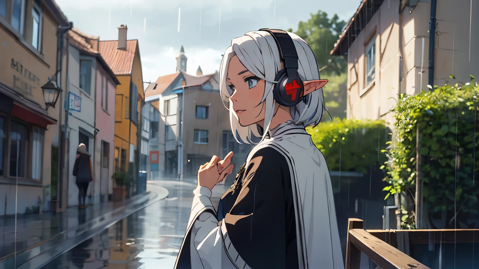 elf girl with white hair, wearing medieval dress, wearing headphone, watching the rain, medieval town.
