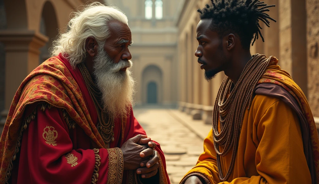 (African folktale)Zolani looked at his son, seeing in him the same fire that had once driven him to greatness—and to ruin. He sighed deeply, his voice carrying the weight of his past as he replied, "Mandla, my son, the power I wielded was not true power. It was born of fear and maintained through suffering.
The king is an old wise man dressed in a regal buth worn-out attire.
His son is a 23 years old man dressed in a rich vibrant robes that signify his royal heritage,
His son is pointing down
His expression a mix of anger and pride