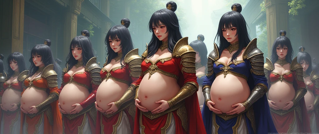 Asians lining up female knights from a fantasy world、Anime faces All pregnant women with big bellies All wearing armor All giving birth All looking in pain All holding their bellies