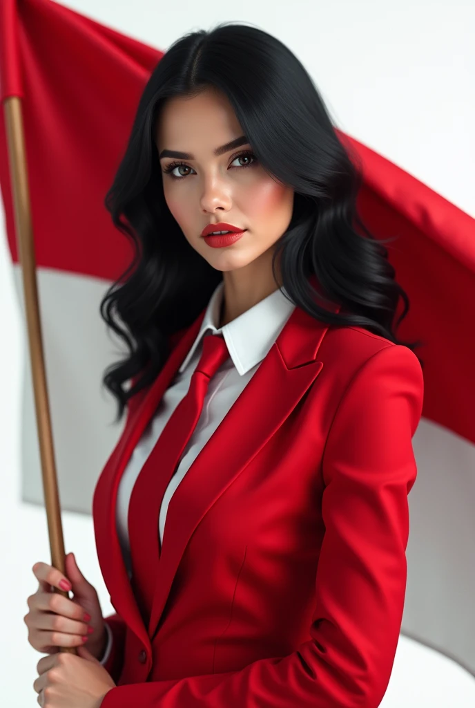 Portrait, beautiful woman, holding Indonesian flag, alpha female, shirt, blazer red, tie, elegant, black hair, white background