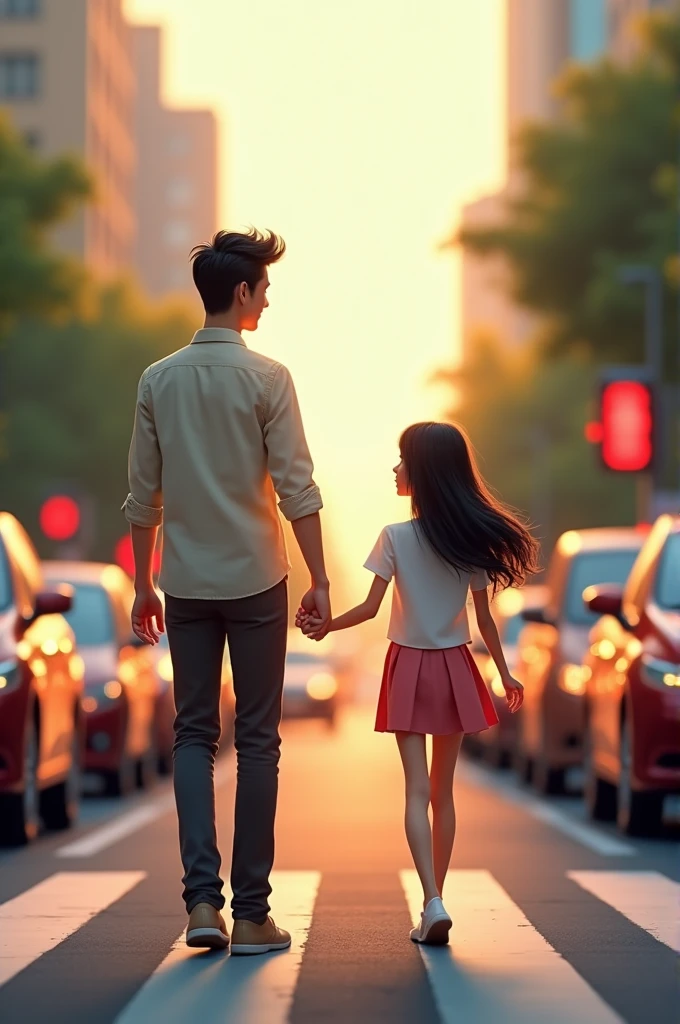 "A tall man with a charming appearance, similar to Tor Thanapob, wearing a light-colored shirt, holding the hand of a smiling girl with long black hair, crossing the road as cars wait at the traffic light."