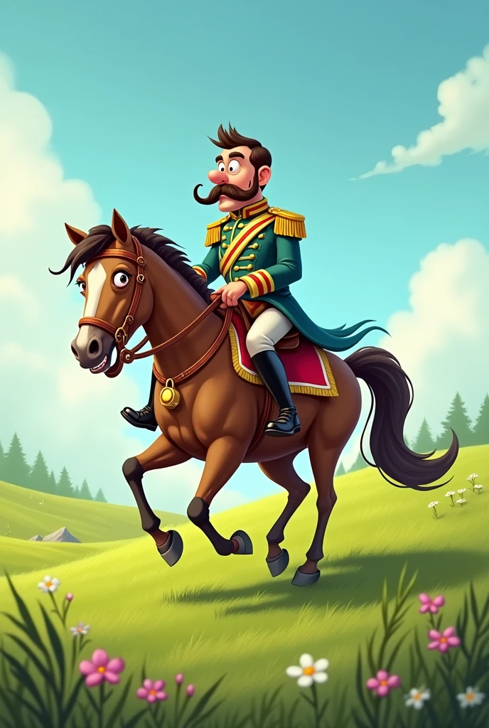 Draw me a picture of a funny general riding a very stupid horse on the grasslands.
