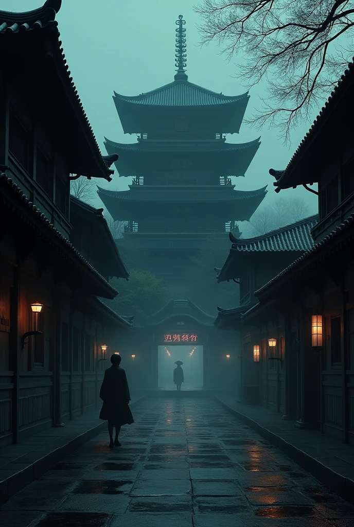 Japanese palace dark feeling no people on the street. 