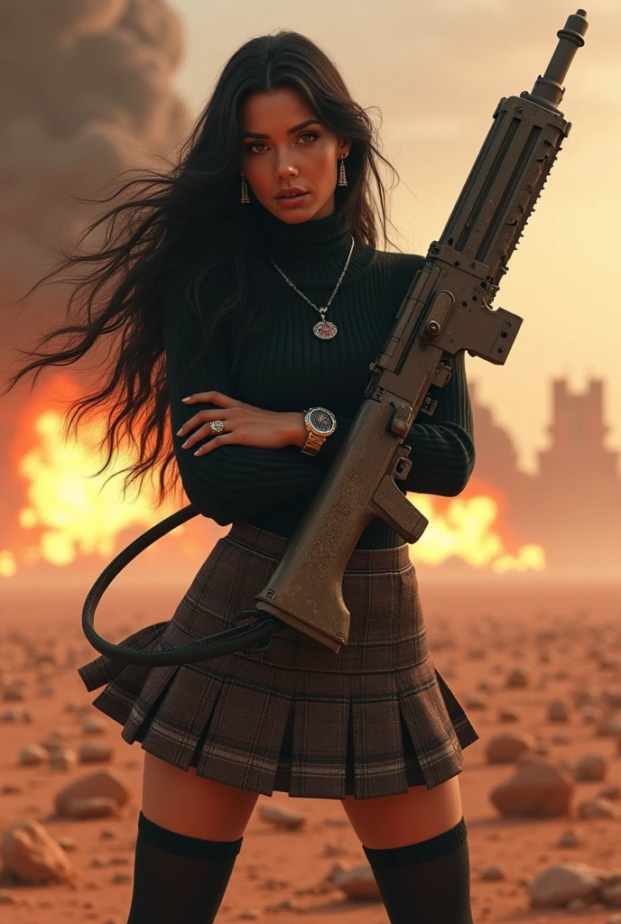 A brave woman attacking with a weapon about 10 times her size, 1girl, solo, huge breasts, (long lashes: 1.1), puffy lips, brown eyes, black hair, long hair, bangs, earrings, necklace, black sweater, black coat, coat on shoulders, black skirt, high-waist skirt, plaid skirt, wristwatch, black thighhighs, explosions, battlefield, weapons, heavy weapons, smoke, fire, Martian Weather Station, Outpost studying Martian atmosphere, weather patterns, and climate change., Posing with arms folded ,