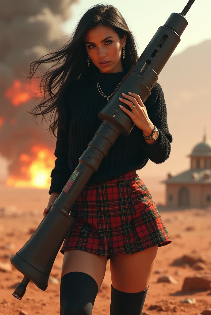 A brave woman attacking with a weapon about 10 times her size, 1girl, solo, huge breasts, (long lashes: 1.1), puffy lips, brown eyes, black hair, long hair, bangs, earrings, necklace, black sweater, black coat, coat on shoulders, black skirt, high-waist skirt, plaid skirt, wristwatch, black thighhighs, explosions, battlefield, weapons, heavy weapons, smoke, fire, Martian Weather Station, Outpost studying Martian atmosphere, weather patterns, and climate change., Posing with arms folded ,