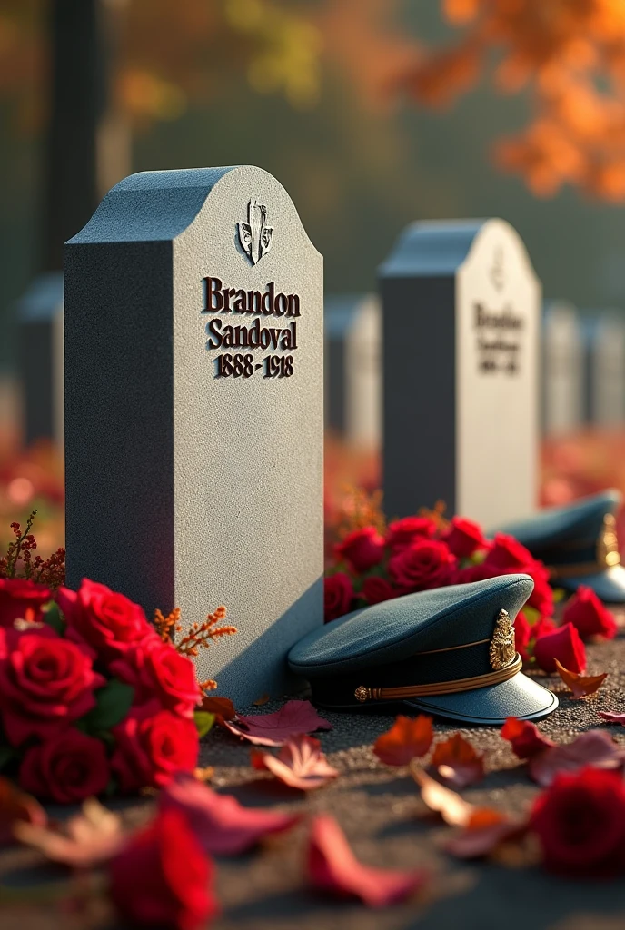 Create two tombstones together, One tombstone says "Brandon Sandoval 1888/1918" This one with red roses, carnations and autumn leaves on the ground, military berets aside, It is a tribute to the fallen soldiers