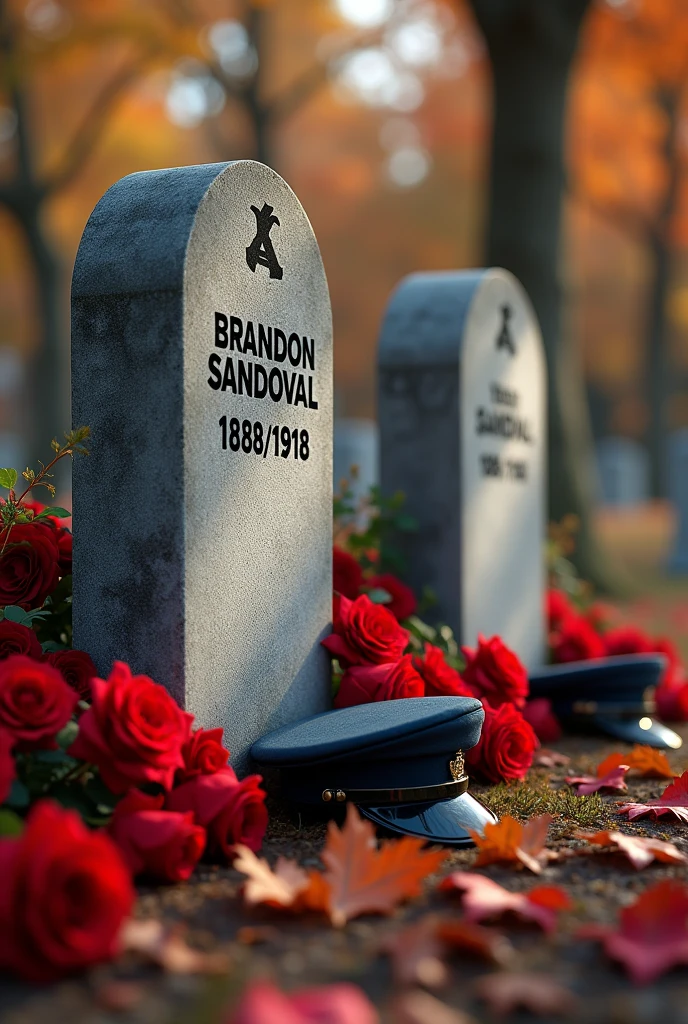 Create two tombstones together, One tombstone says "Brandon Sandoval 1888/1918" This one with red roses, carnations and autumn leaves on the ground, military berets aside, It is a tribute to the fallen soldiers